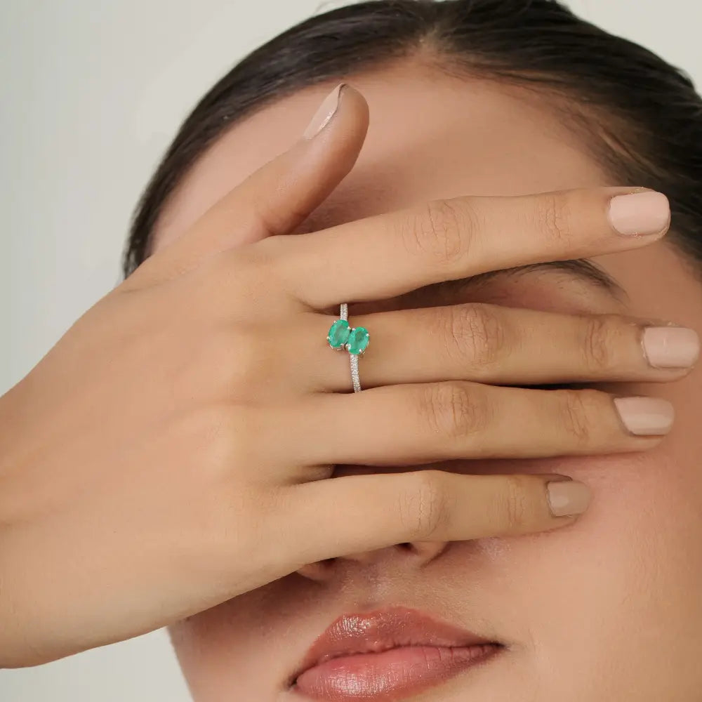 Custom Logo Emerald & Diamond 14K White Gold Fine Bypass Ring Natural Gemstone Jewelry