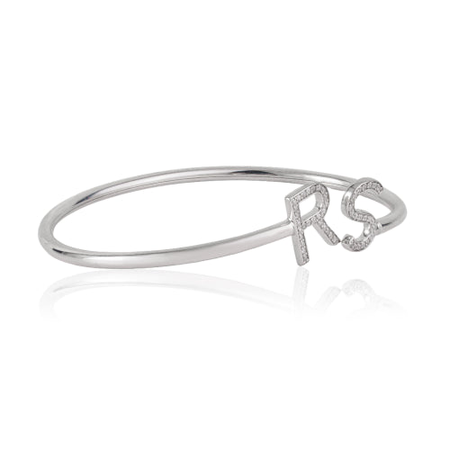 Customisable Initial Letter Pave Set Natural Diamond 925 Silver Open Cuff Bangle For Women