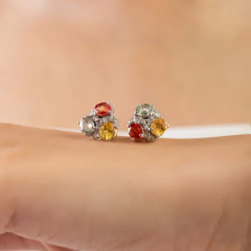 Oval Cut 100% Genuine Multi Sapphire Three Stone 925 Silver Stud Earrings For Women's