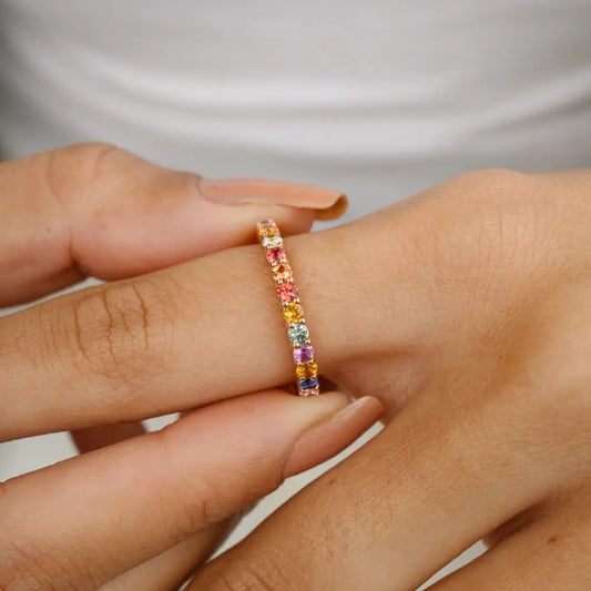 Minimalist Jewelry 14K Rose Gold Natural Multi Gemstone Eternity Band Ring