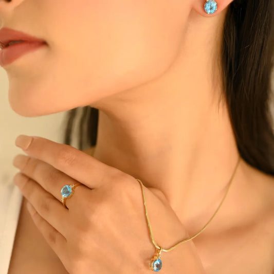 Round Blue Topaz & Diamond Ring Earrings & Pendant 3 Pcs Jewelry Set For Women Gift