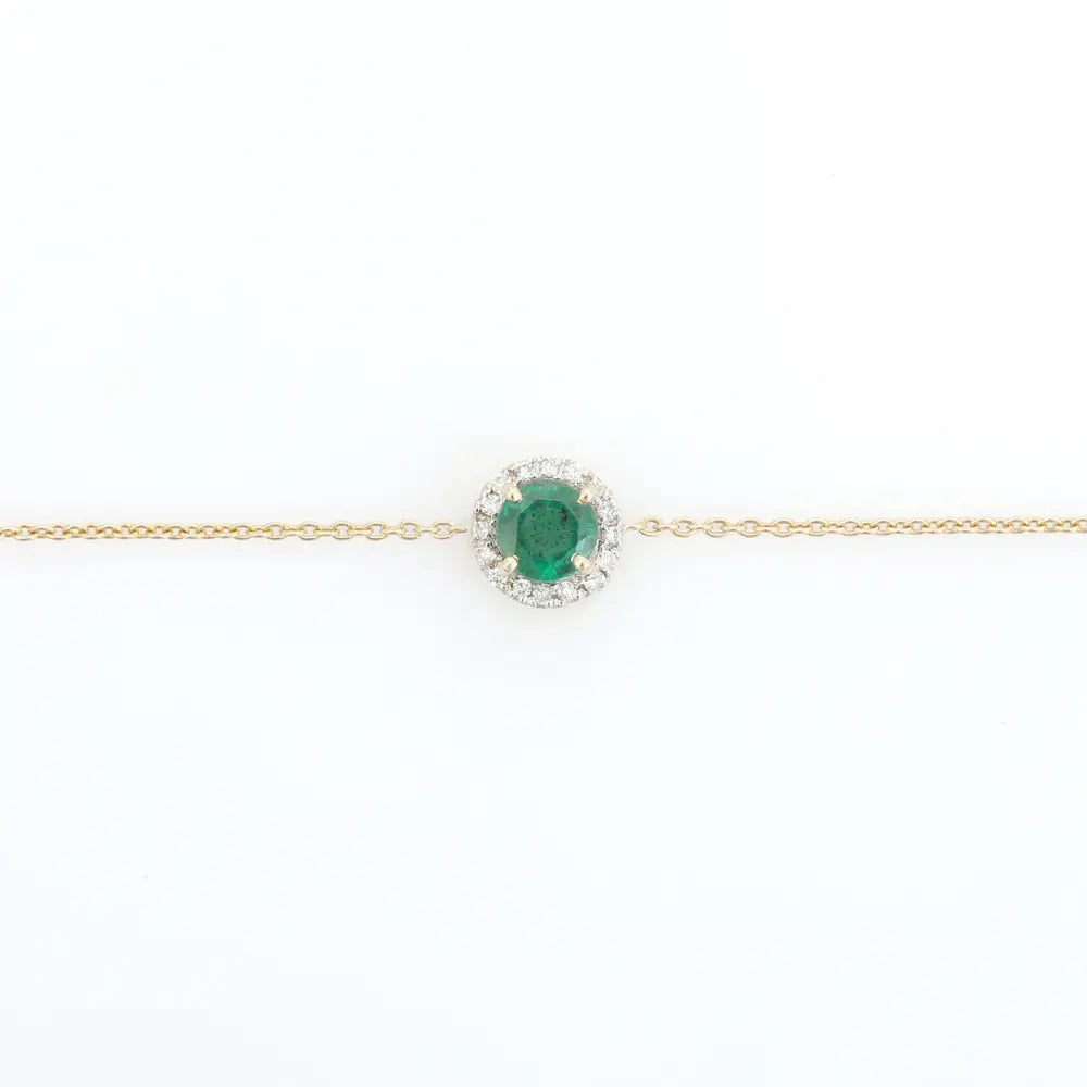 Round Cut Emerald & Diamond Minimalist Solitaire Halo Bracelet Spring Lock 14K Solid Gold