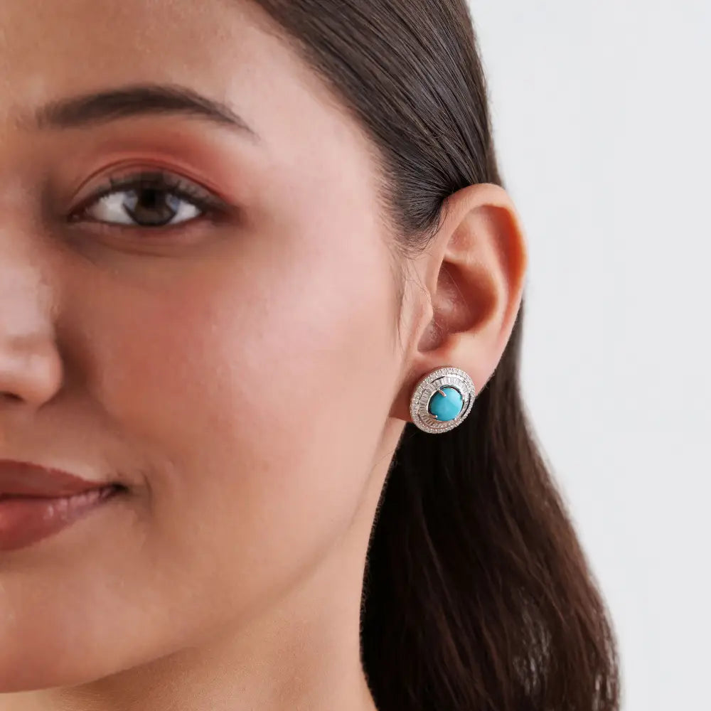 Trending Products 14K White Gold Turquoise & Diamond Round Shape Double Halo Stud Earrings