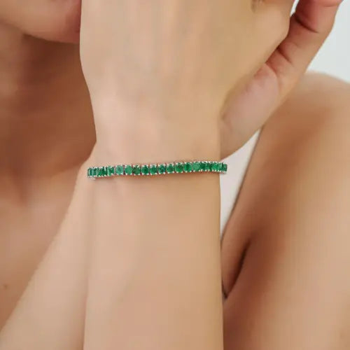 Premium Quality Natural Oval Cut Emerald Gemstone Fine Silver Tennis Bracelet For Women
