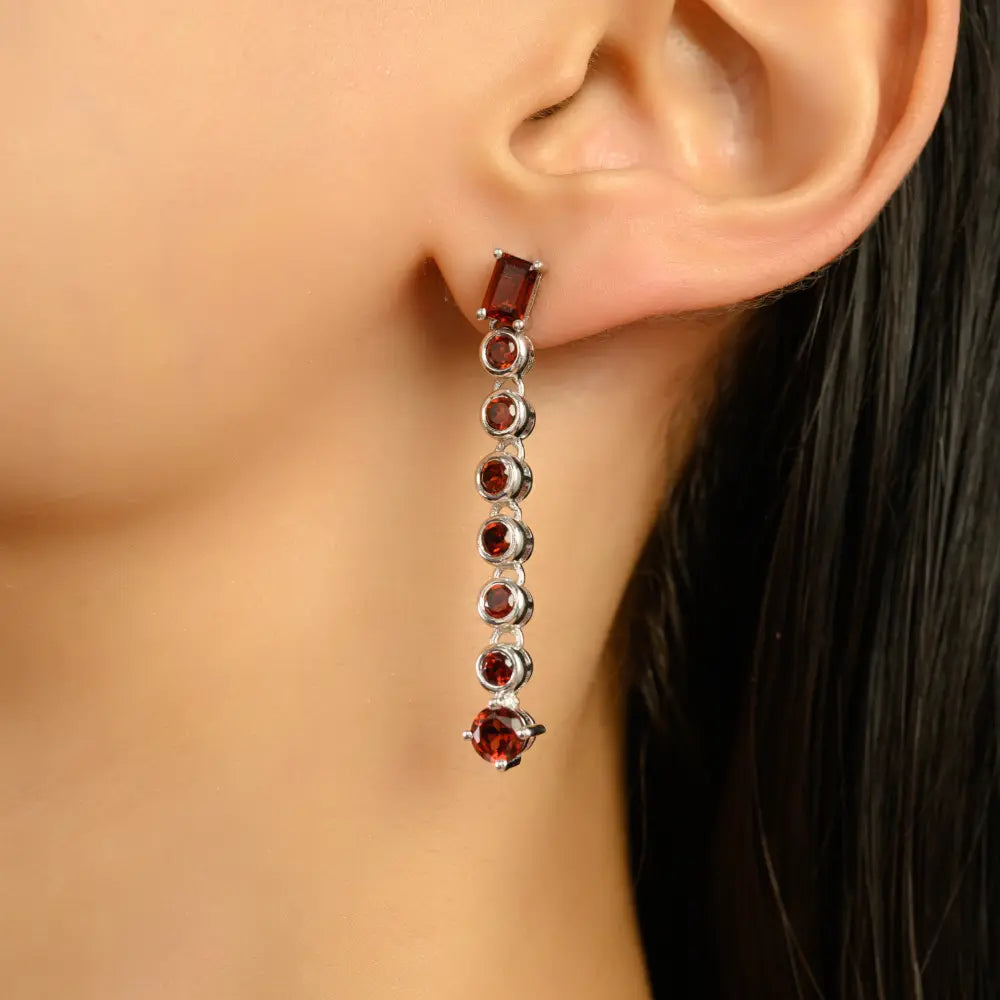 Best Selling Octagon and Round Natural Garnet Linear Drop 925 Silver Earrings