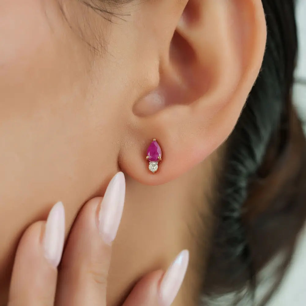 July Birthstone K14 Yellow Gold Ruby & Diamond Minimalist Stud Earrings Everyday Wear Jewelry