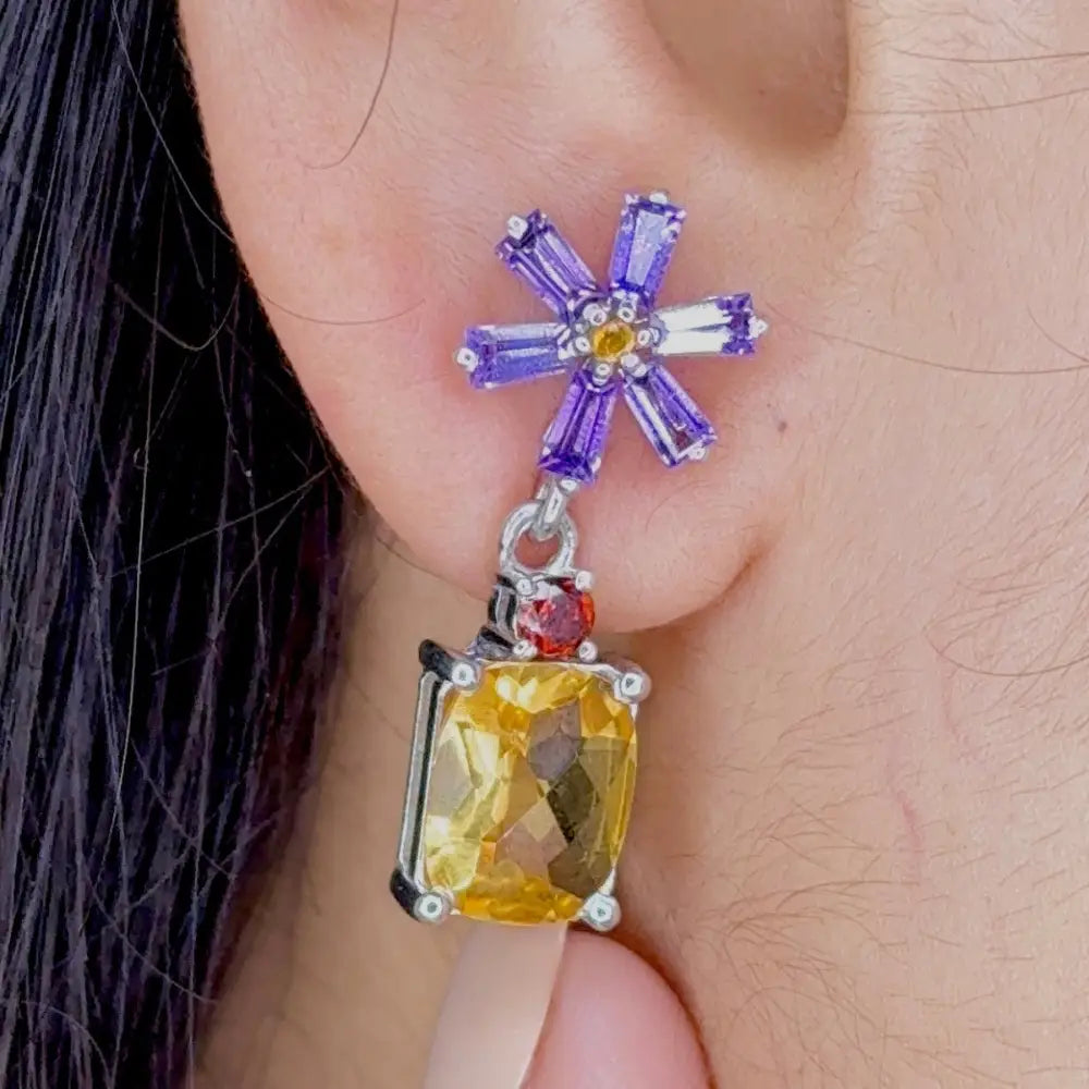 Genuine Multi Gemstone Flower Dangle Drop Earrings In 925 Sterling Silver Rhodium Plated Jewelry