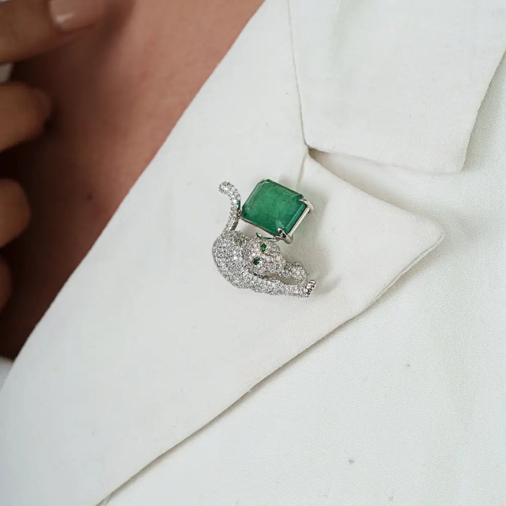 6.5 Ct. Zambian Emerald & Diamond Panther Brooch Party Wear 14K Real White Gold Jewelry