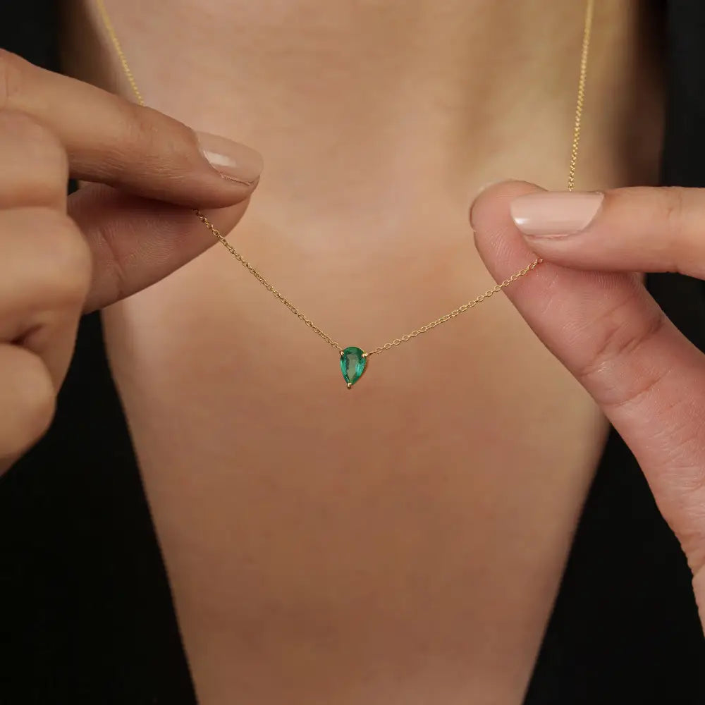 Dainty Minimal Emerald 18K Real Yellow Gold Single Stone Pendant Necklace New Arrivals Jewelry