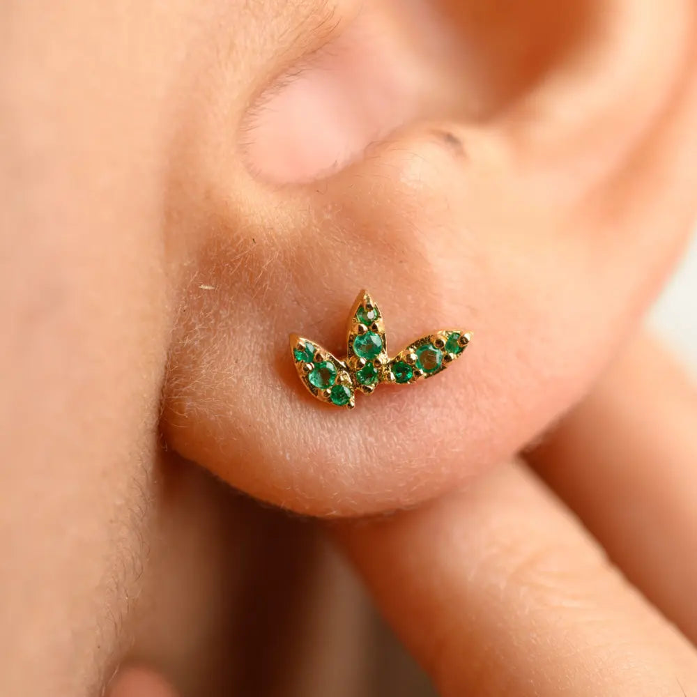 Fashion Jewelry Natural Emerald 18K Solid Yellow Gold Flower Stud Tiny Earring