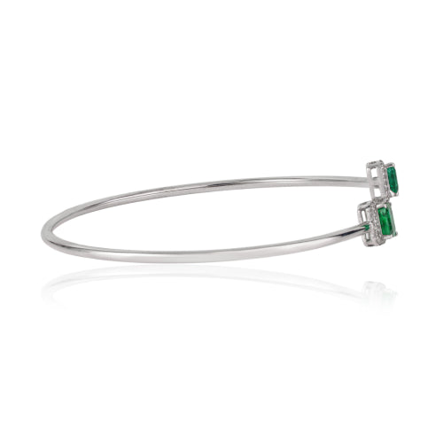 925 Silver Two Stone Natural Emerald & Diamond Halo Open Cuff Bangle For Women