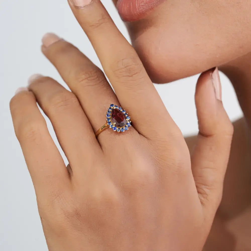 Rubellite & Blue Sapphire K18 Solid Yellow Gold Pear Shape Cluster Ring Bulk Order Jewelry