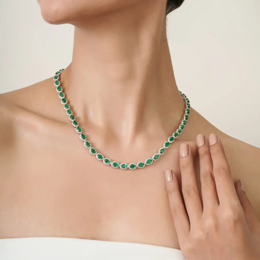 22.11 Ct. Emerald & Diamond K14 Real White Gold Fine Halo Tennis Necklace Wedding Jewelry