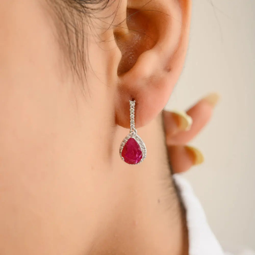 Trending Natural Precious Gemstone Ruby & Diamond 14K Solid White Minimal Drop Earring