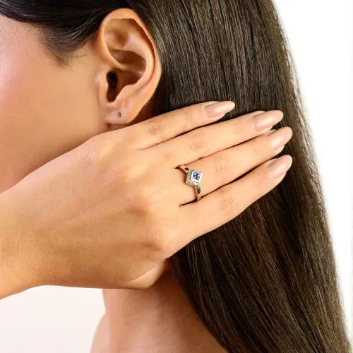 Hot Selling Kite Shape Princess Cut Blue Sapphire & Round Diamond 925 Sterling Silver Ring