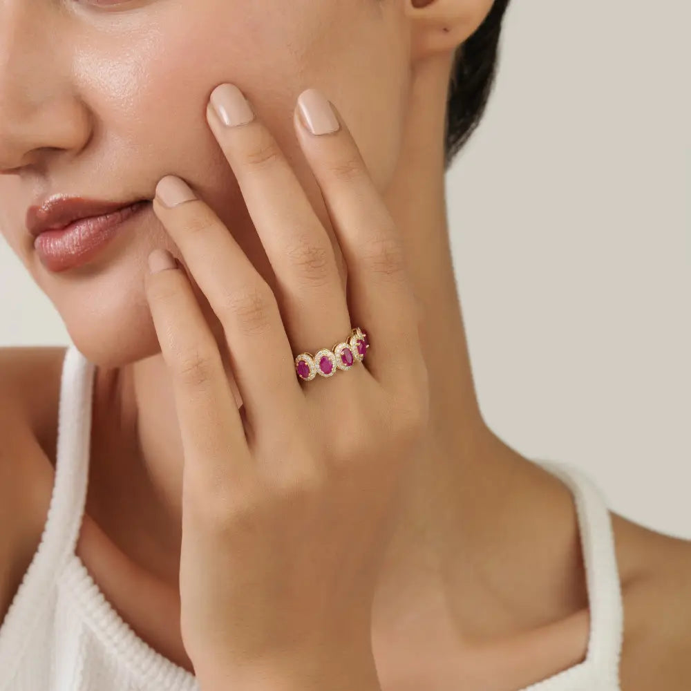 Hot Sale Ruby & Diamond Halo Five Stone Ring Handmade Trading 14K Solid Yellow Gold Jewelry