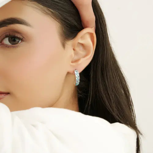 Solid 925 Sterling Silver Natural Round Blue Topaz December Birthstone C Shape Hoop Earrings
