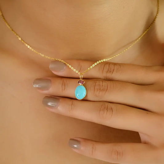 Elegant Design Turquoise & Pink Tourmaline K18 Yellow Gold Two Stone Minimal Pendant