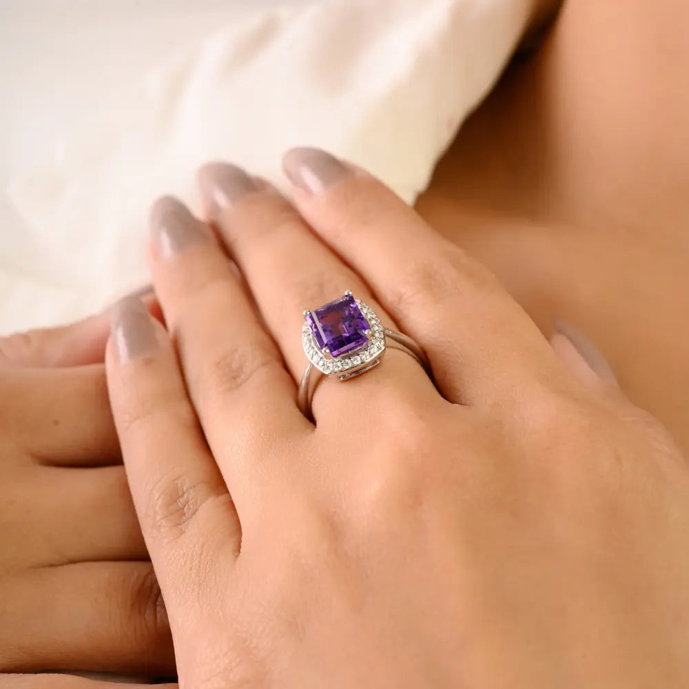 925 Sterling Silver Amethyst Halo Ring for Women Fine Jewelry