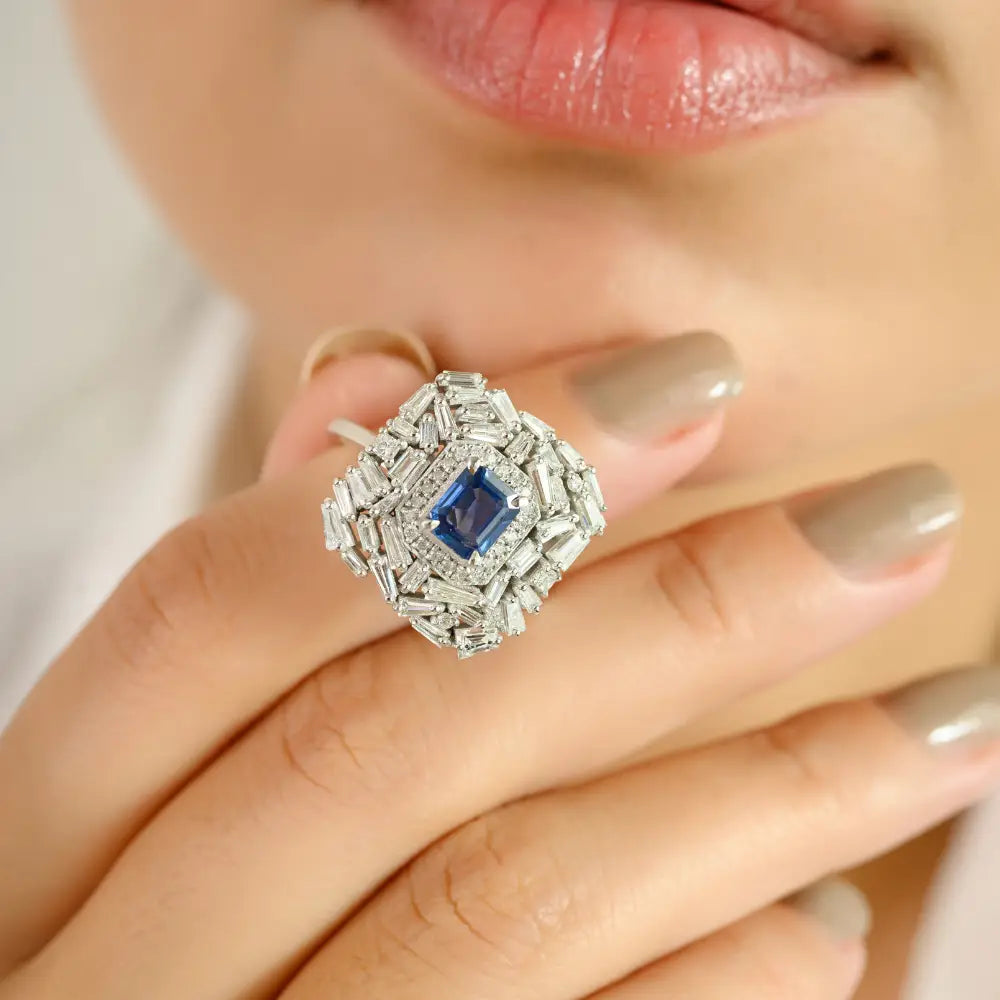 14K White Gold Blue Sapphire & Diamond Statement Ring Luxury Bold Jewelry Manufacturer