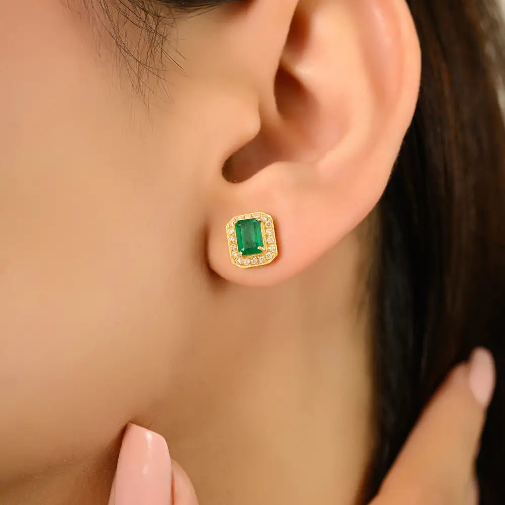 K14 Yellow Gold Octagon Shape Emerald & Diamond Push Back Halo Stud Earrings Women