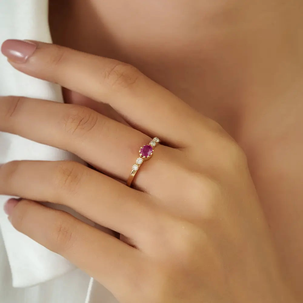 Pinion Bezel Set Ruby & Diamond Minimalist Dainty Ring Solid 14K Real Yellow Gold Fine Jewelry