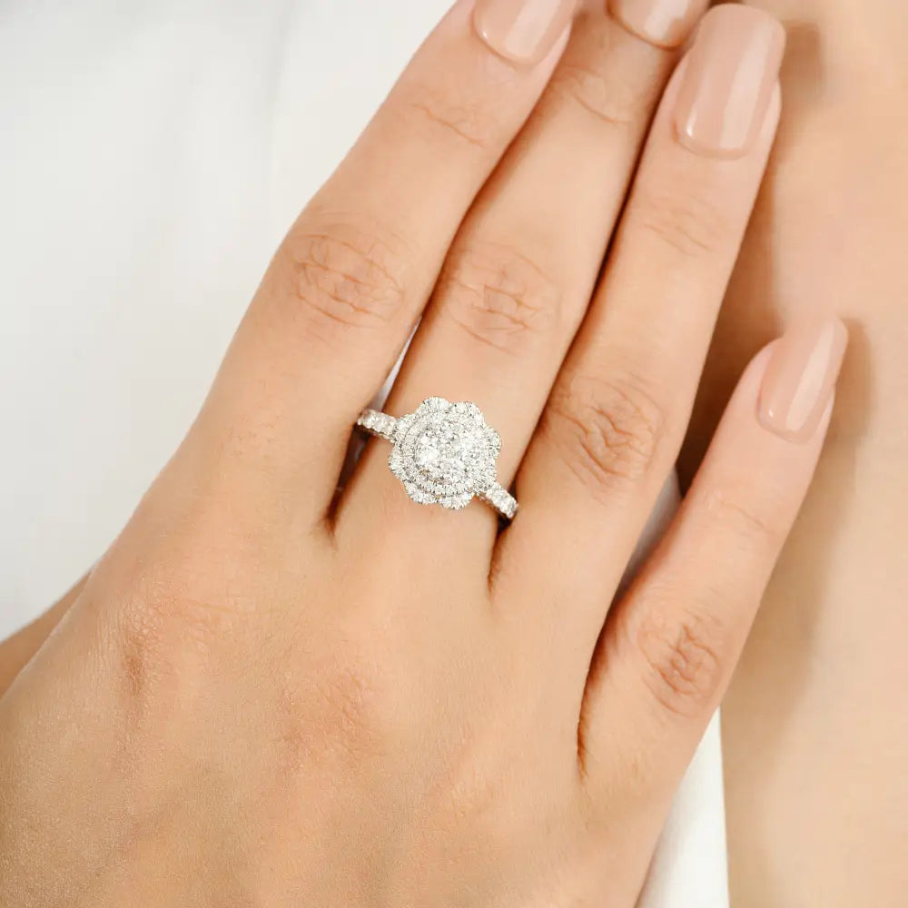 April Birthstone Natural Diamond Flower Shape Engagement Ring Solid White Gold