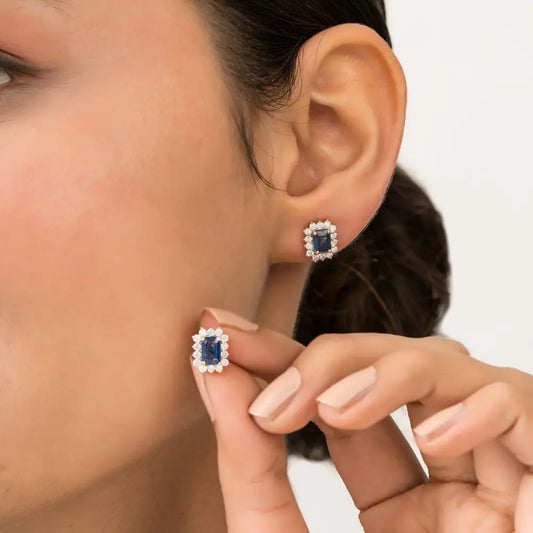 14K Real Yellow Gold Blue Sapphire & Diamond K14 Yellow Gold Cluster Stud Earrings For Women