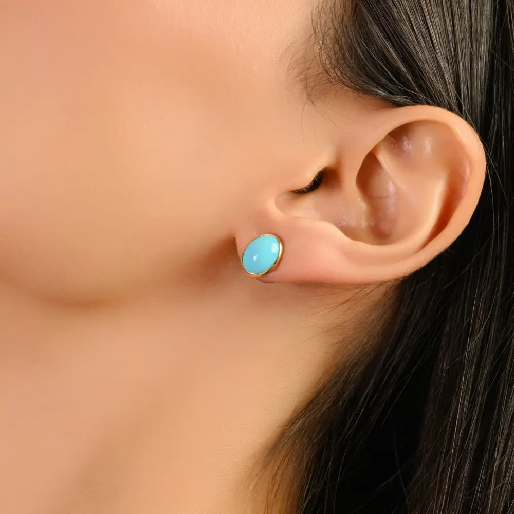 Cabochon Gemstone Turquoise Stud Earrings K18 Real Yellow Gold Custom Jewelry Supplier