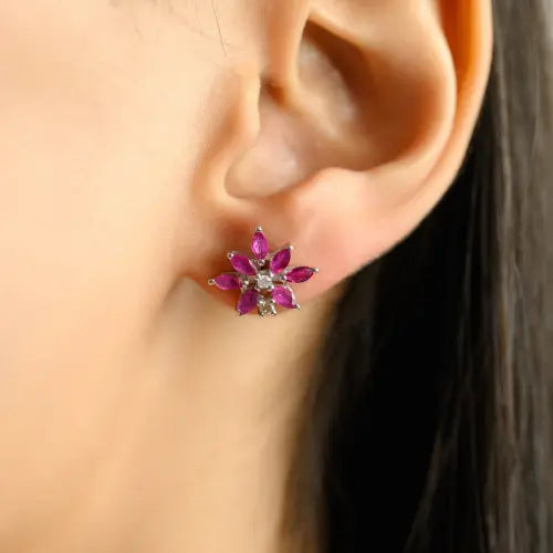 Genuine Ruby & Diamond Floral Motif 925 Sterling Silver Studs Earring Fine Jewelry Accessories For Women