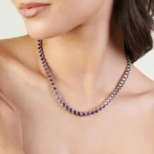 Trendy 925 Sterling Silver Round Shape Natural Amethyst Gemstone Tennis Necklace For Women