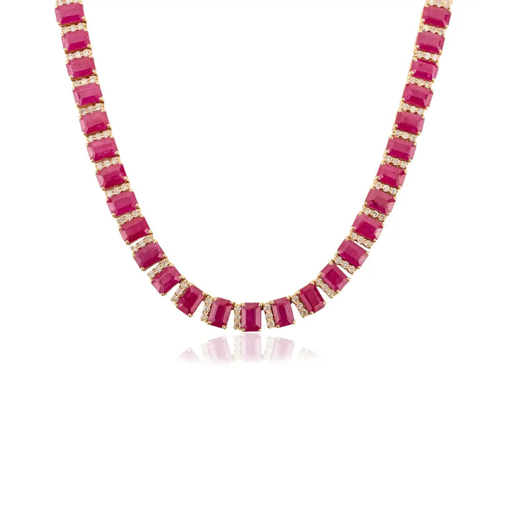 Bridal Jewelry Gemstone Ruby & Diamond Statement Tennis Necklace 14K Solid Yellow Gold