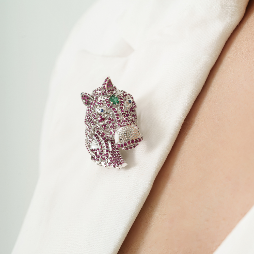 Unique Creative Design 925 Sterling Silver Natural Ruby Gemstone Horse Brooch Fine Jewelry
