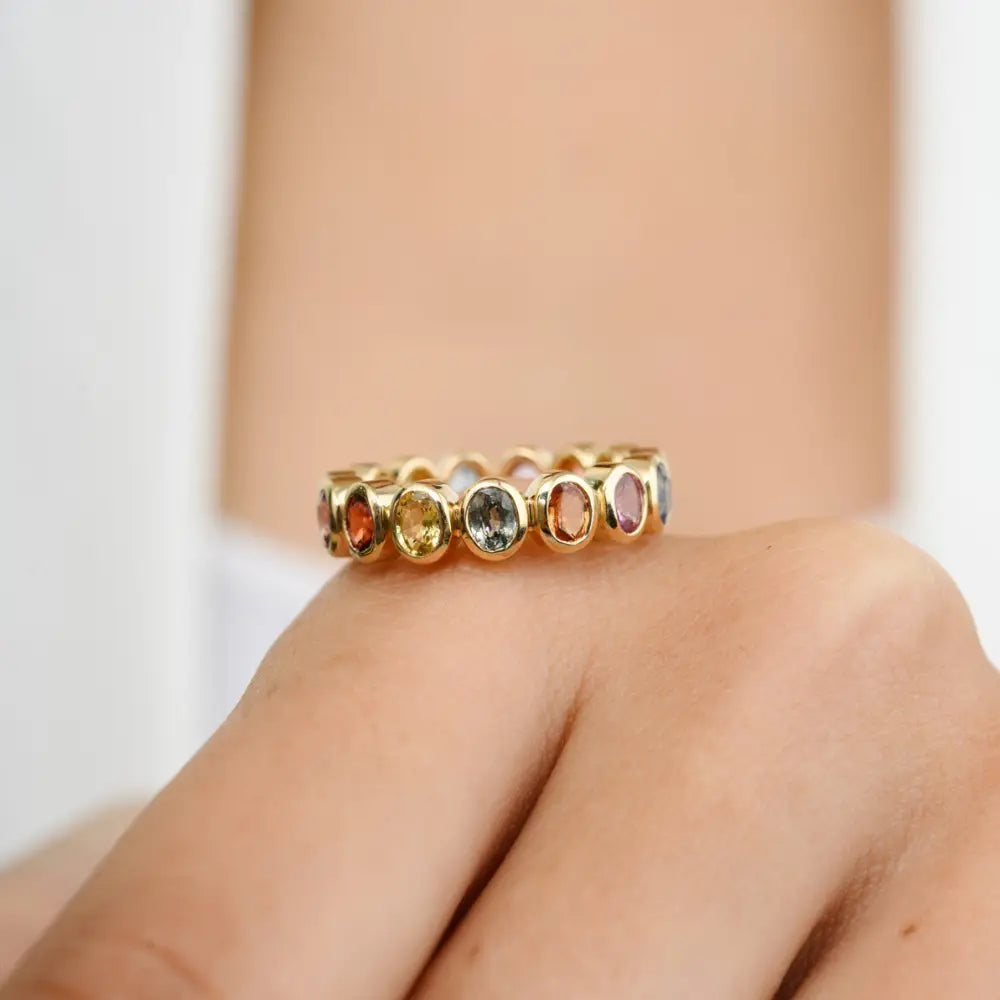 Fine Jewelry 14K Solid Yellow Gold Multi Gemstone Eternity Band Ring