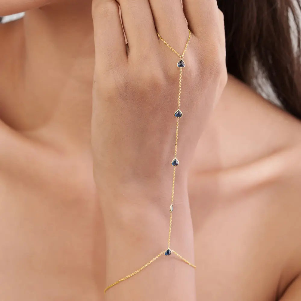 Elegant Classic Design Heart Shape Blue Sapphire Hand Chain Bracelet Women's Jewelry 14K Yellow Gold