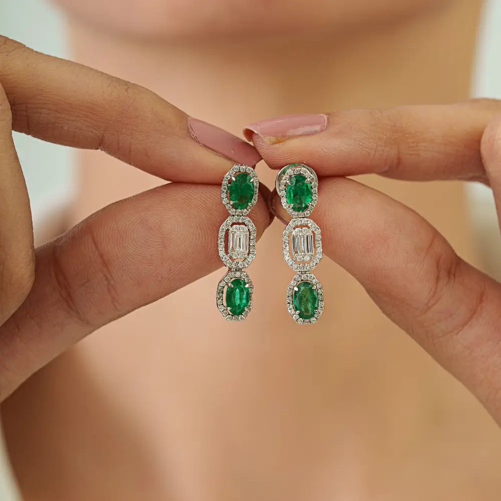 May Birthstone Genuine Emerald & Diamond Drop Earrings Luxury 14K White Gold Jewelry