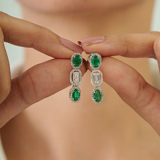 May Birthstone Genuine Emerald & Diamond Drop Earrings Luxury 14K White Gold Jewelry