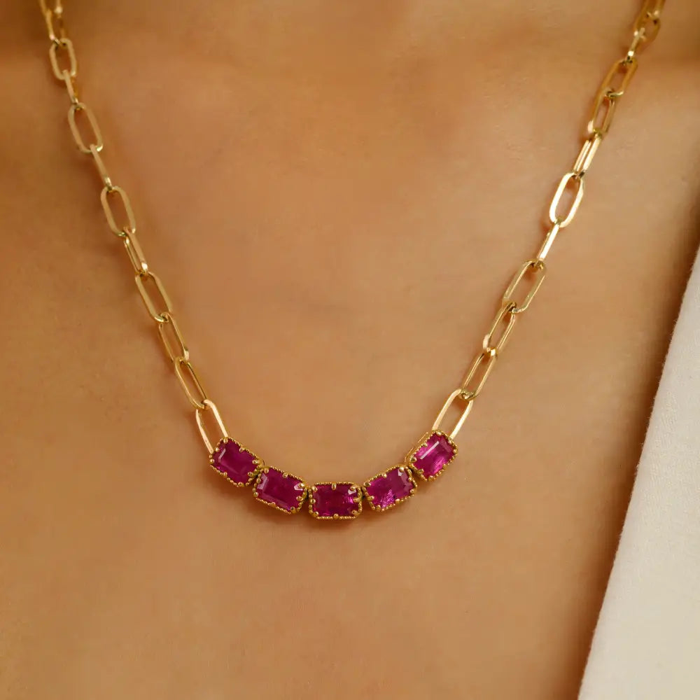 Hot Sale Pinion Bezel Set Ruby Paperclip Chain Five Stone Necklace Women Solid 18K Yellow Gold