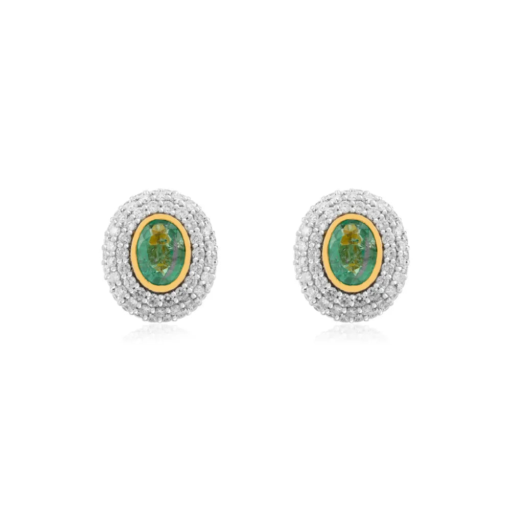 High Quality Emerald & Diamond Double Halo Stud Earrings 14K Gold Statement Jewelry