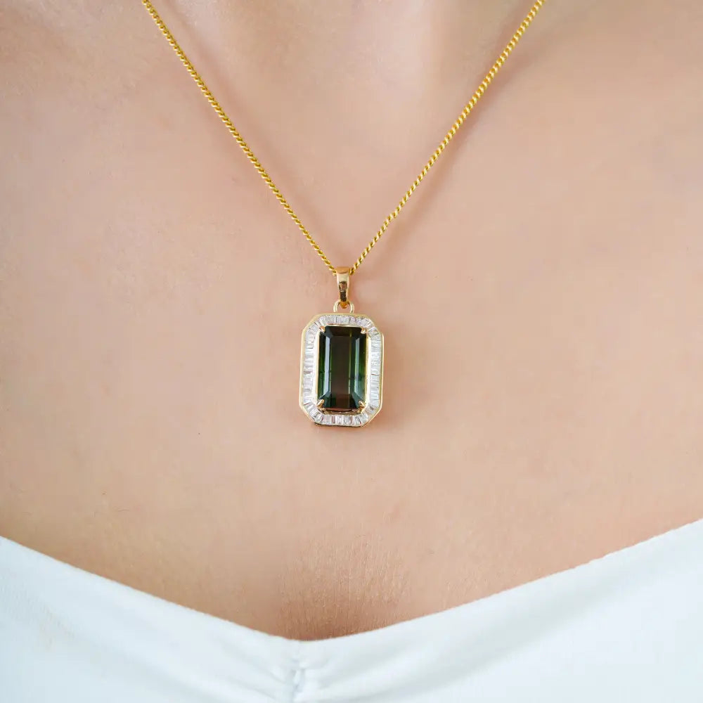 13x7mm Baguette Cut Green Tourmaline & Diamond 14K Yellow Gold Halo Pendant Fine Jewelry