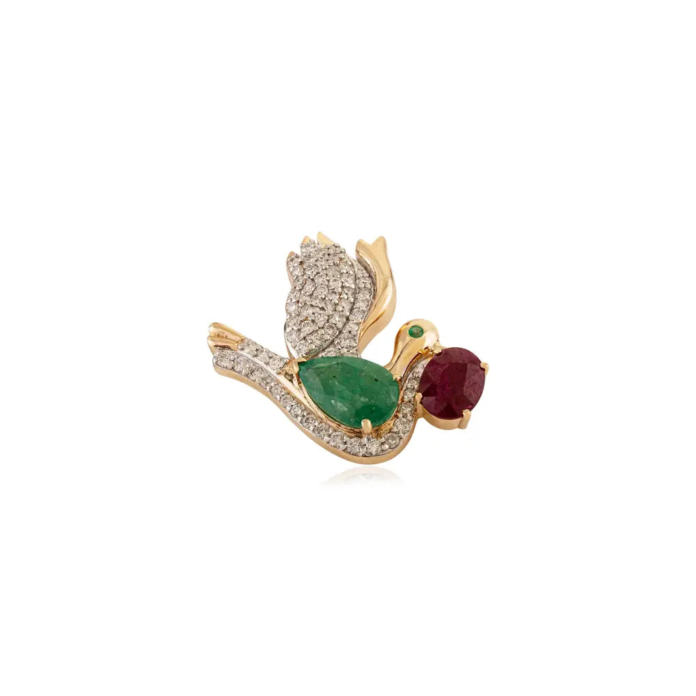 New Creative Design Emerald Ruby & Diamond Dove Brooch K14 Gold Unisex Wedding Jewelry