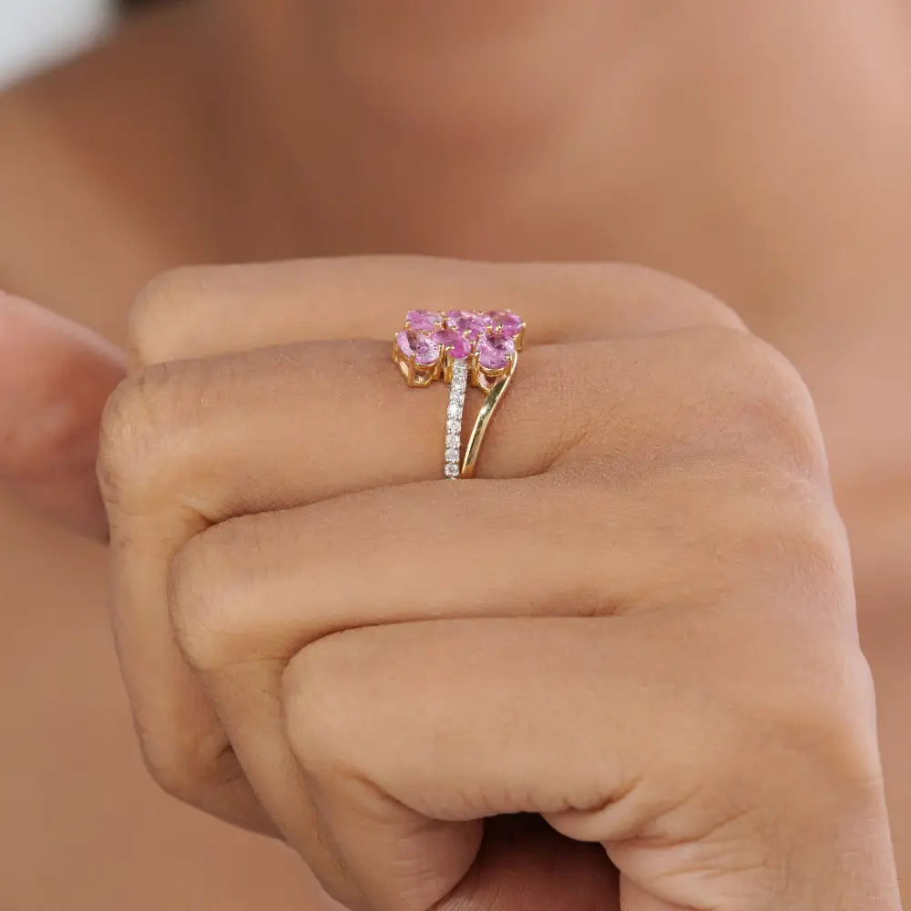 Fine Pink Sapphire & Diamond 14K Yellow Gold Wedding Ring Birthstone Jewelry Supplier