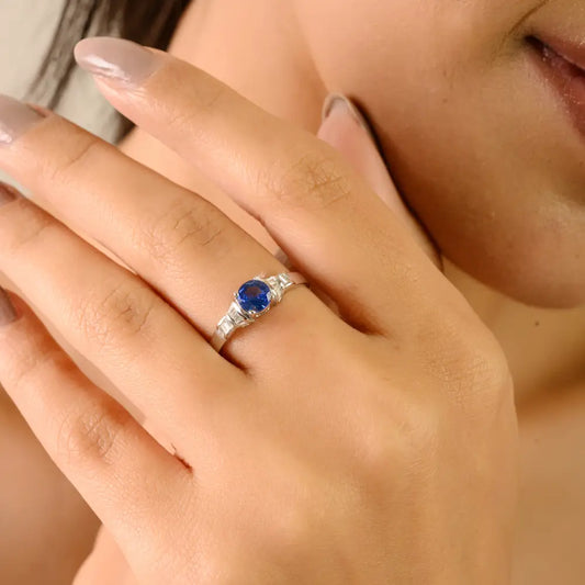 Prong Set Blue Sapphire Round Cut Gemstone Stackable Band Ring 14K Real White Gold