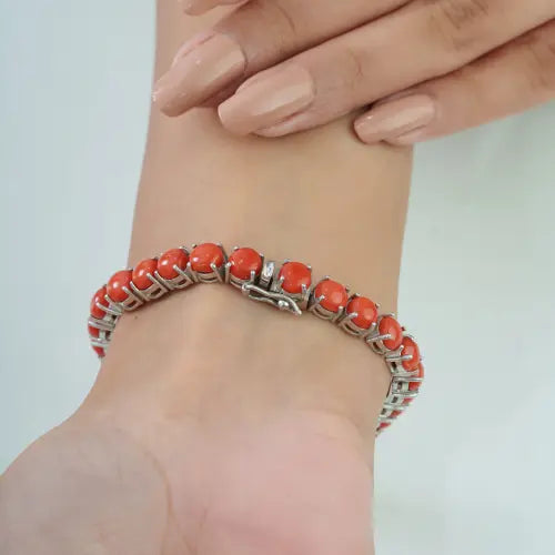 Beautiful 6 mm Round Natural Coral Gemstone 925 Sterling Silver Tennis Bracelet For Women's
