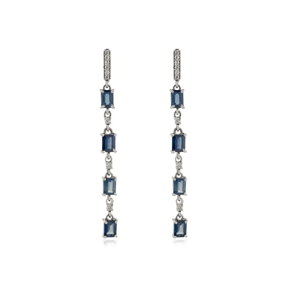 K14 White Gold Blue Sapphire & Diamond Women Dangle Earrings Wedding Engagement Jewelry