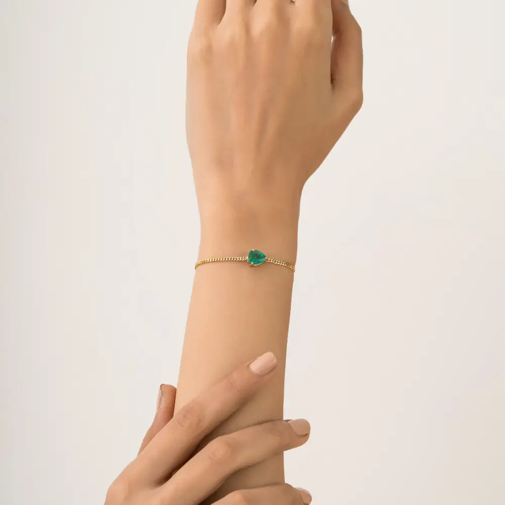 K14 Real Yellow Gold Prong Set Emerald Single Stone Cuban Link Chain Bracelet Stacked Jewelry