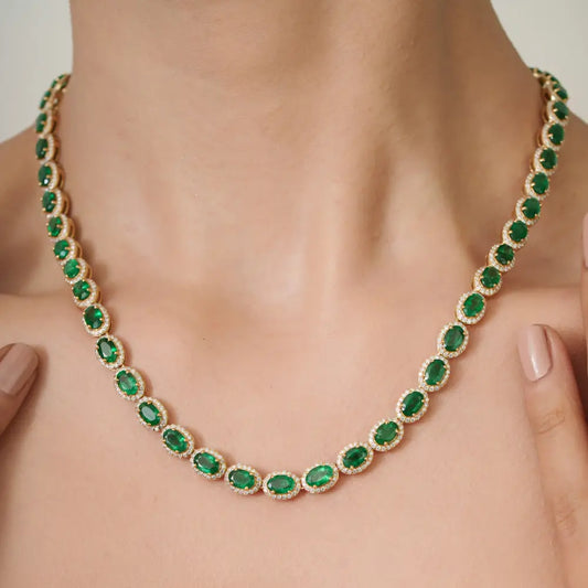 Luxurious 22.13 Ct. Emerald & Diamond Halo Tennis Necklace K18 Yellow Gold Wedding Jewelry