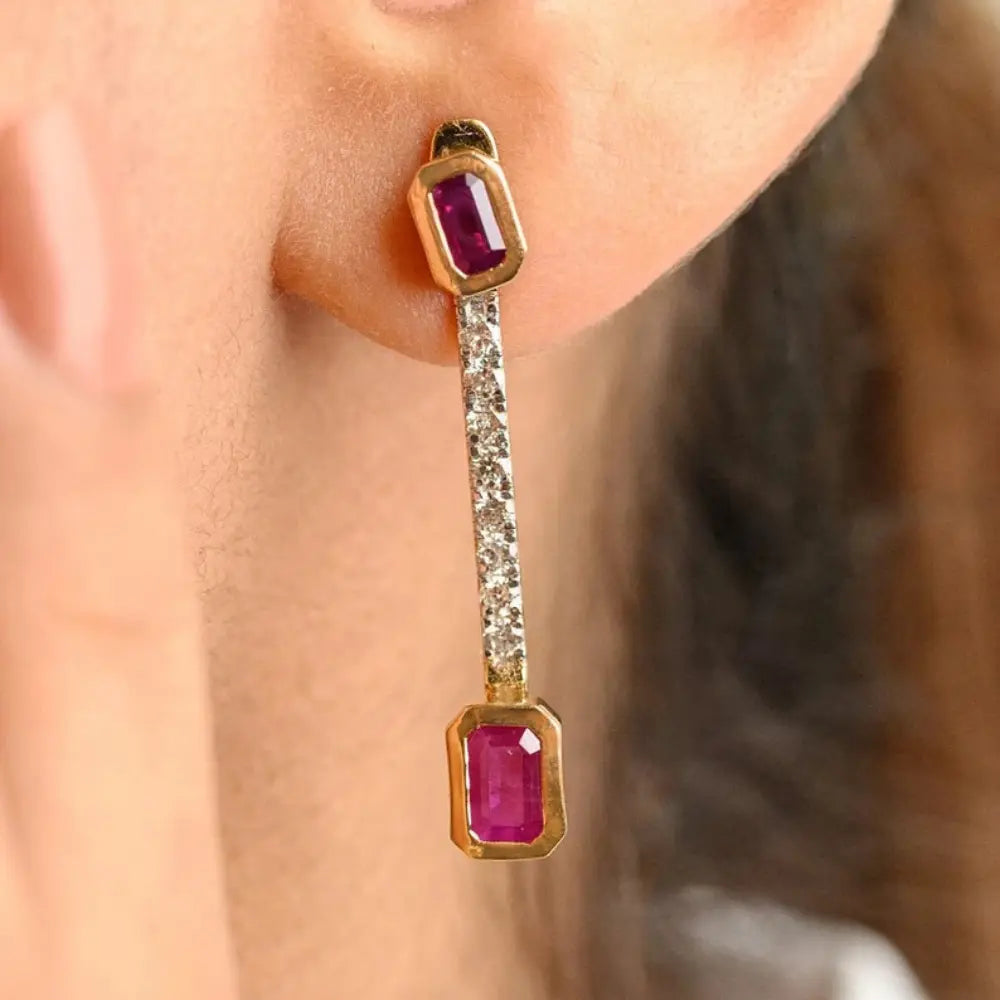 Wholesale Jewelry Genuine Natural Ruby & Diamond 18K Fine Yellow Gold Dangle Drop Earring