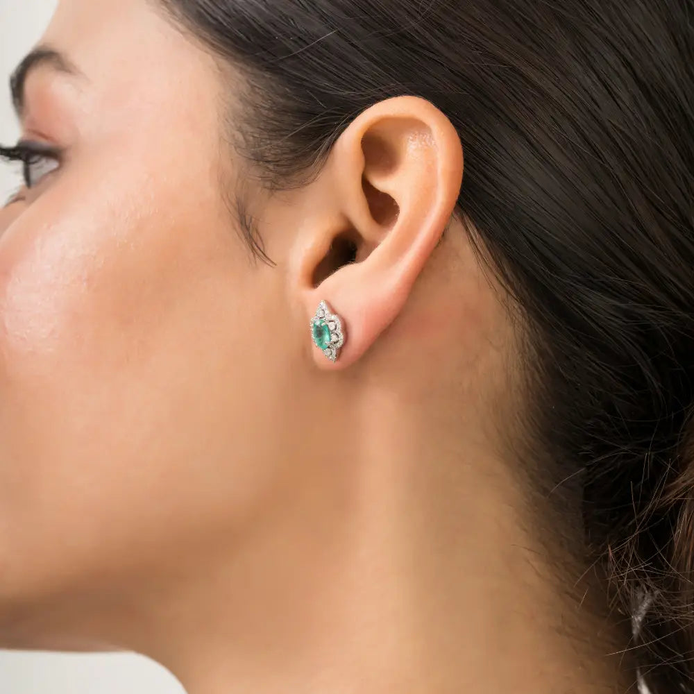 Vintage Style Gemstone Stud Earrings Featuring Emerald & Diamond K14 Real White Gold Jewelry