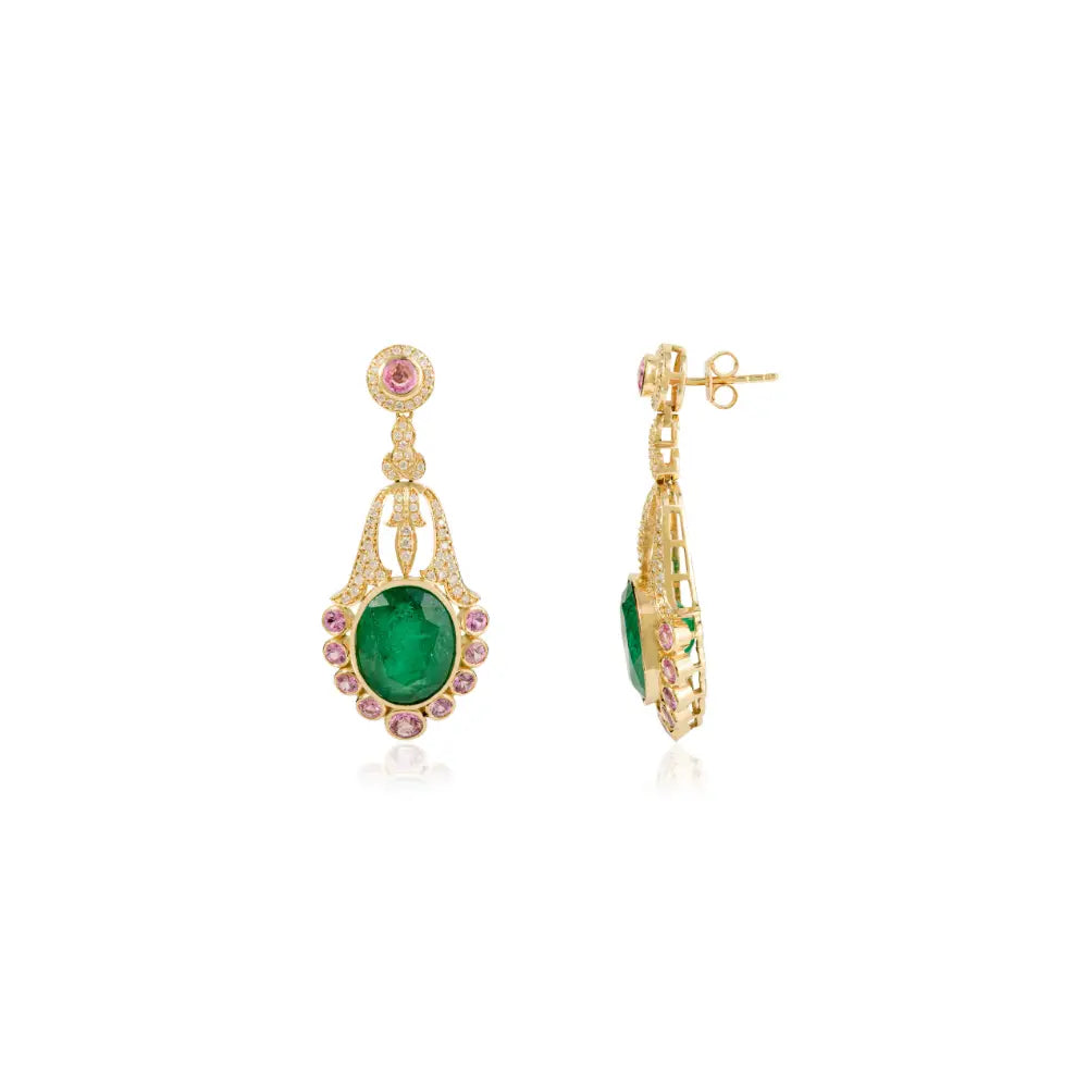 Luxurious Emerald Pink Sapphire & Diamond 14K Yellow Gold Wedding Chandelier Earrings